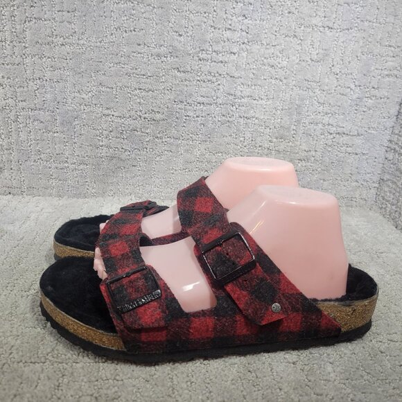 Birkenstock Arizona Shearling Mens Size EU 43 US 10 Rivet Plaid Red Slide Sandal - Picture 6 of 12